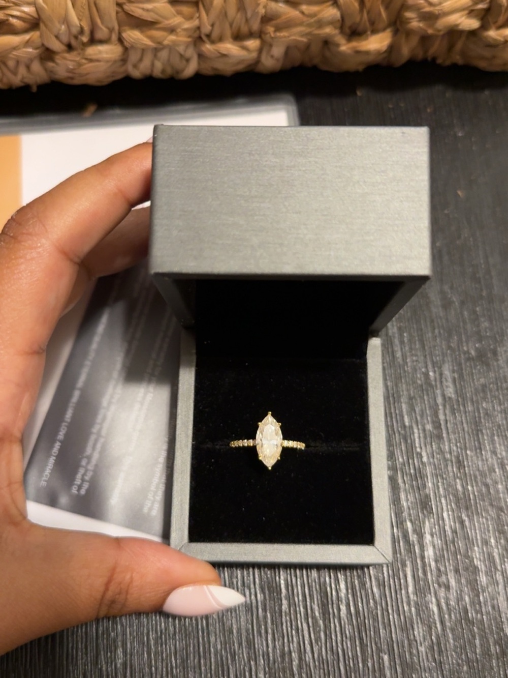 Yellow Gold Marquise Engagement Ring with Pave Band